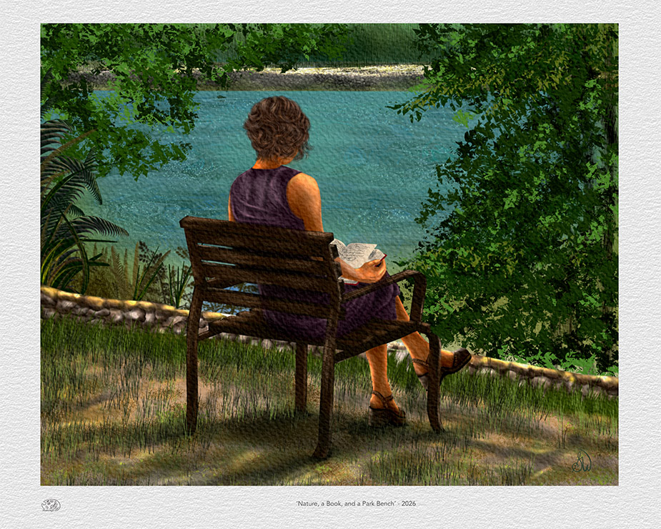 Nature, a Good Book, and a Park Bench" — woman reading on a lakeside park bench surrounded by trees, Painterly Realism art by Shadowmyst Art
