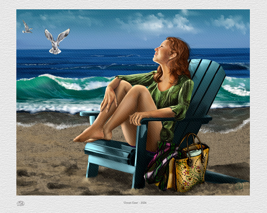 Ocean Ease painting, Digital artwork. Woman with curly brown hair sitting in a blue adirondack chair by the ocean. She is looking up at the sun and watching 2 seagulls flying over the water's edge. Shadowmyst Art print example.