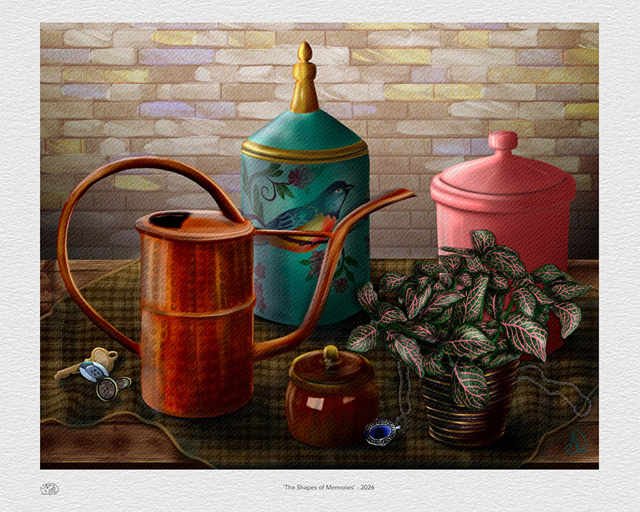 The Shapes of Memories still life featuring a copper watering can, teal bird-painted canister, pink ceramic jar, honey pot, and Fittonia plant — Painterly Realism digital painting by Shadowmyst Art.