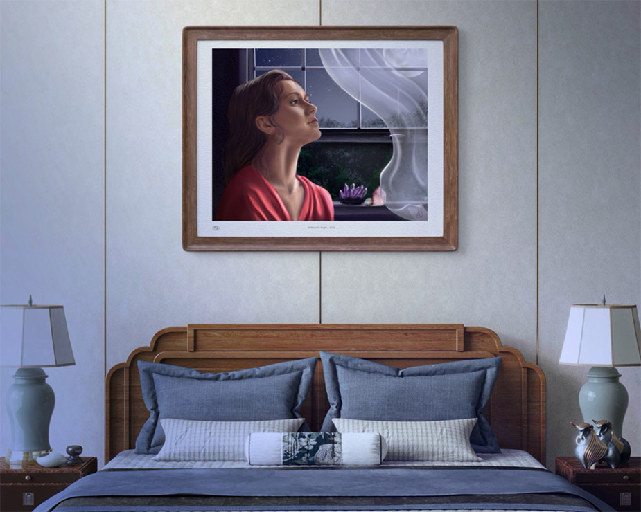 A Moonlit Night digital artwork by Shadowmyst Art displayed framed on a white wall over a bed with a wood headboard and blue pillows and linens.