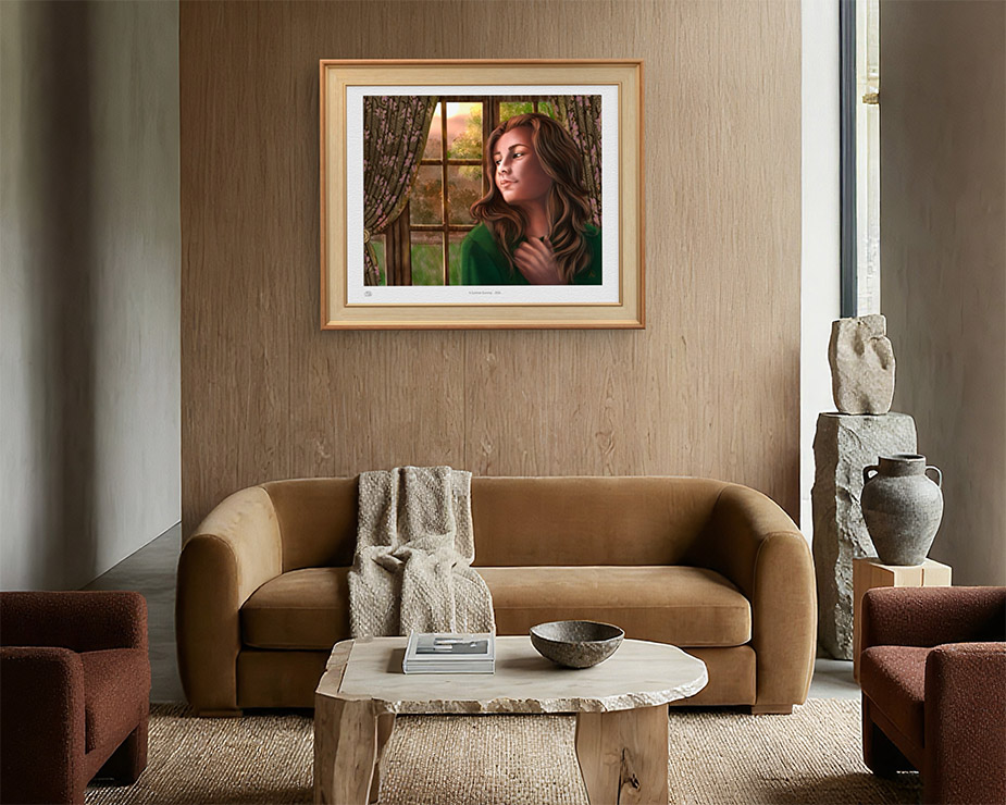 A Summer Evening, Windows Series Woman in a green blouse sits by a lace-curtained window at sunset — Painterly Realism digital painting created in Procreate on iPad Pro with Apple Pencil Pro, Shadowmyst Art displayed on a beige wll over a tan couch.