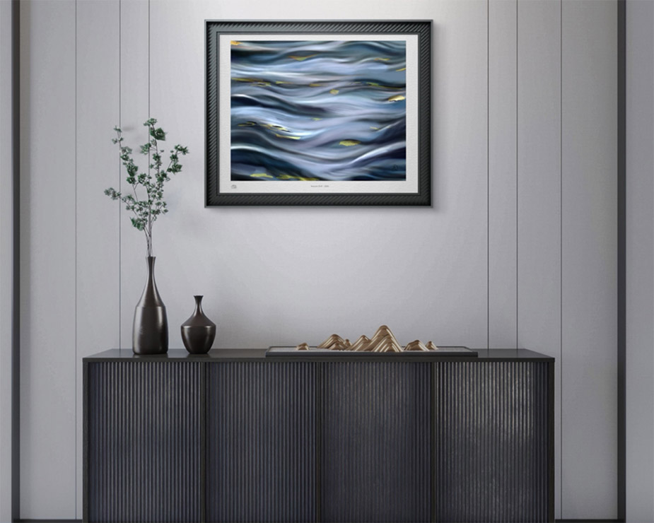 Autumn Drift abstract digital painting of golden autumn leaves drifting across rippling blue water, Painterly Realism art by Shadowmyst Art displayed framed on a white wall over a console.