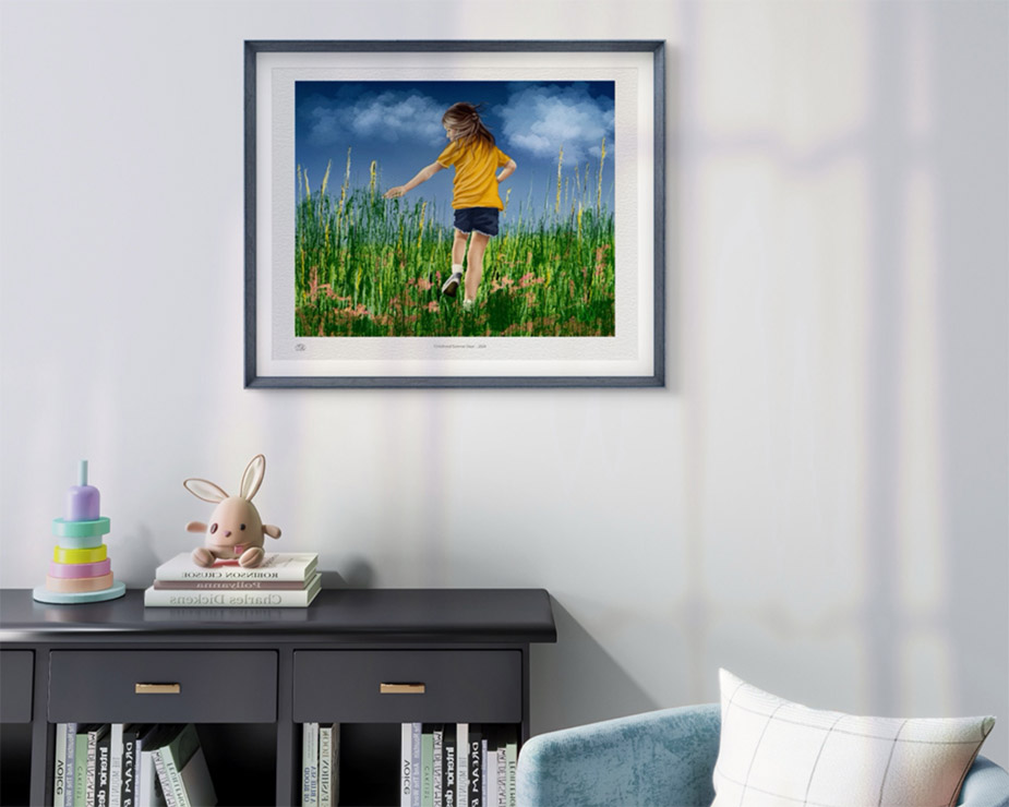 Young girl in a yellow shirt running through tall summer grass, reaching for wildflowers — Painterly Realism digital painting by Shadowmyst Art, Procreate on iPad Pro framed on a white wall above a bookcase and chair.