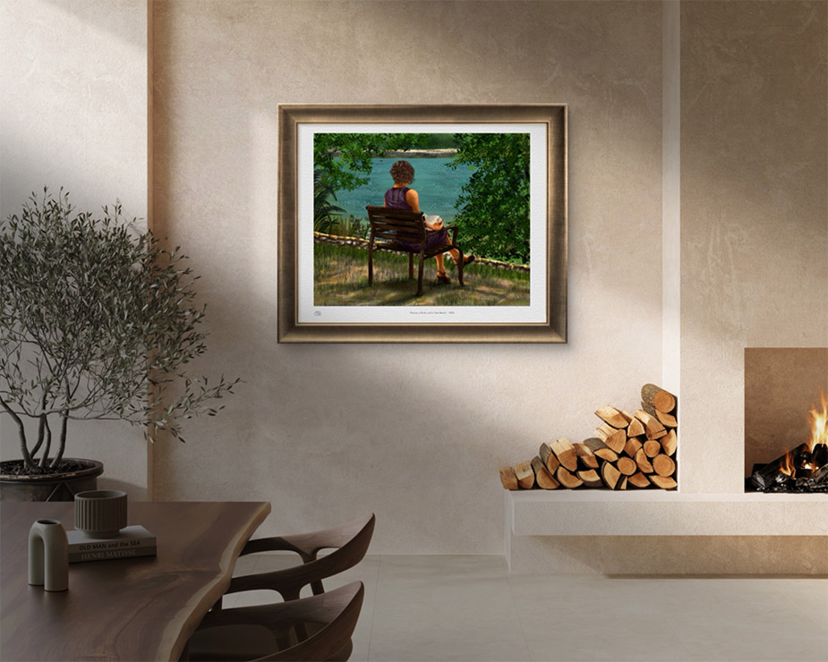 "Nature, a Good Book, and a Park Bench" digital artwork displayed framed on a beige wall in a living room.