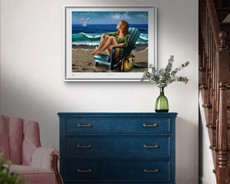 Ocean Ease painting, Digital artwork. Woman with curly brown hair sitting in a blue adirondack chair by the ocean. She is looking up at the sun and watching 2 seagulls flying over the water's edge. Shadowmyst Art displayed on a white wall over a console.