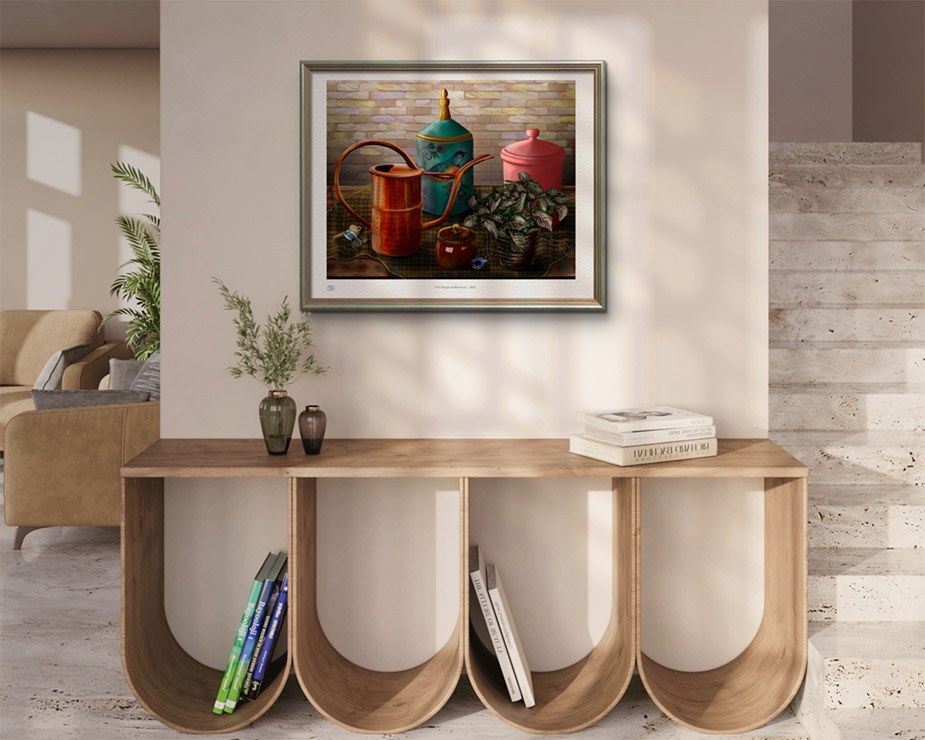 The Shapes of Memories still life featuring a copper watering can, teal bird-painted canister, pink ceramic jar, honey pot, and Fittonia plant — Painterly Realism digital painting by Shadowmyst Art displayed framed on a beige wall above an entryway decorative table.