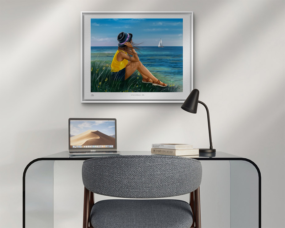 A Time for Reflection digital artwork by Shadowmyst Art displayed framed on a beige wall above a desk.