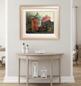 Shapes of memories still life digital artwork framed and displayed above a console table in a neutral entryway."
