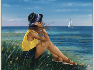 Woman in a yellow tank top and black hat sits among coastal wildflowers watching a distant sailboat — Painterly Realism digital painting by Shadowmyst Art, Procreate on iPad Pro.