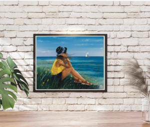 A Time for Reflection, Woman in yellow shirt, navy shorts holding a navy hat on her head sitting on cliff watching a sailboat at sea, framed against white brick wall. Shadowmyst Art. Sharon O’Shea Wood.