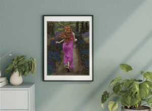 "Unrestrained" — woman running garden path. Digital painting displayed framed on a wall in a home interior, Painterly Realism art by Shadowmyst Art