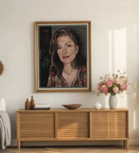 "Welcome!" ceramics shop portrait painting displayed framed above a wood console in a living room, Painterly Realism digital art by Shadowmyst Art