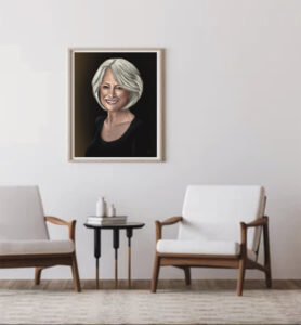 "A Timeless Smile" mature woman's portrait painting displayed framed in a modern sitting room, Painterly Realism digital art by Shadowmyst Art