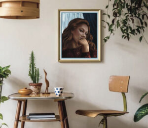 "Lost in Thought" original figurative portrait painting displayed framed in a home interior with plants, Painterly Realism digital art by Shadowmyst Art.