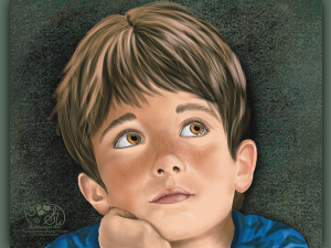 Daydreaming, Example Portrait of a young boy with brown hair and eyes gazing up to the top right of the canvas clearly daydreaming.