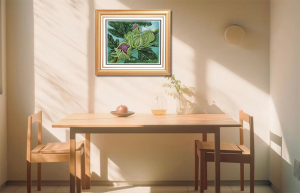 Hardy Hibiscus Buds shown framed on Dining Room beige wall over table.
