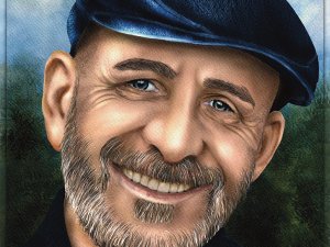 Easy Company, Portrait Example. Mature man with blue eyes, salt and pepper hair and beard wearing a navy coat and dark blue flat hat, background impression of outdoor environment. Shadowmyst Art. Sharon O’Shea Wood