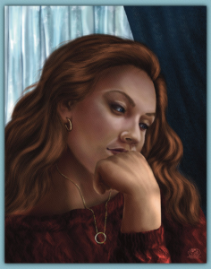 Woman with long auburn hair rests her chin on her hand, gazing thoughtfully to the side, framed by a sheer curtain and a navy patterned curtain. Digital painting in Procreate on iPad Pro with Apple Pencil Pro. Shadowmyst Art by Sharon O'Shea Wood.
