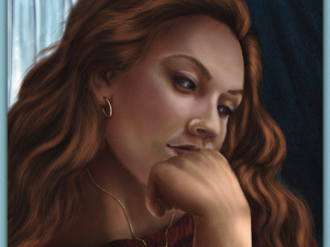Woman with long auburn hair rests her chin on her hand, gazing thoughtfully to the side, framed by a sheer curtain and a navy patterned curtain. Digital painting in Procreate on iPad Pro with Apple Pencil Pro. Shadowmyst Art by Sharon O'Shea Wood.