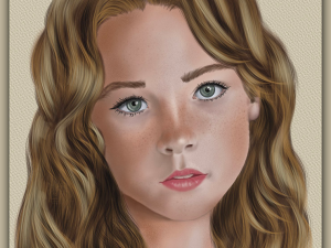 An Open Book, a young girl with long wavy brown hair and blue eyes in a portrait pose looking at the viewer. Shadowmyst Art, Sharon O’Shea Wood