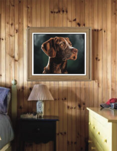 German Wirehaired Pointer, a digital portrait of a brown shorthaired dog with a white blaze on the nose and forehead and yellow eyes set against a clouded dark teal background displayed in a wood frame on a paneled living room wall.