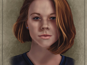 Quiet Resolve, a young woman with brown hair and eyes, posed in portrait style looking at the viewer, wearing black v-neck sweater on a neutral, textured toffee background.