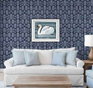 Framed mute swan painting displayed on blue patterned wall, Painterly Realism wildlife art by Shadowmyst Art.