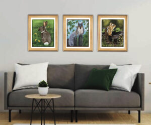 Eastern Grey Squirrel painting framed with Long Island Cottontail and Curious Chipmunk prints, displayed as living room wall art by Shadowmyst Art.