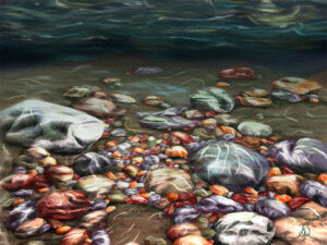 Beneath the Surface, Underwater view of smooth river stones and pebbles beneath a rippling stream surface, Painterly Realism digital painting by Shadowmyst Art.