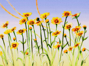 Yellow coreopsis wildflower painting with daisy-like blooms swaying above a summer garden, Procreate digital art in impressionist watercolor style.