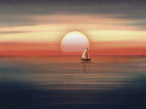 Sailboat sunset painting by Shadowmyst Art: a lone sailboat on a calm sea before a setting sun, with bands of coral, gold, and rose sky fading into a dark starry evening above deep blue water.