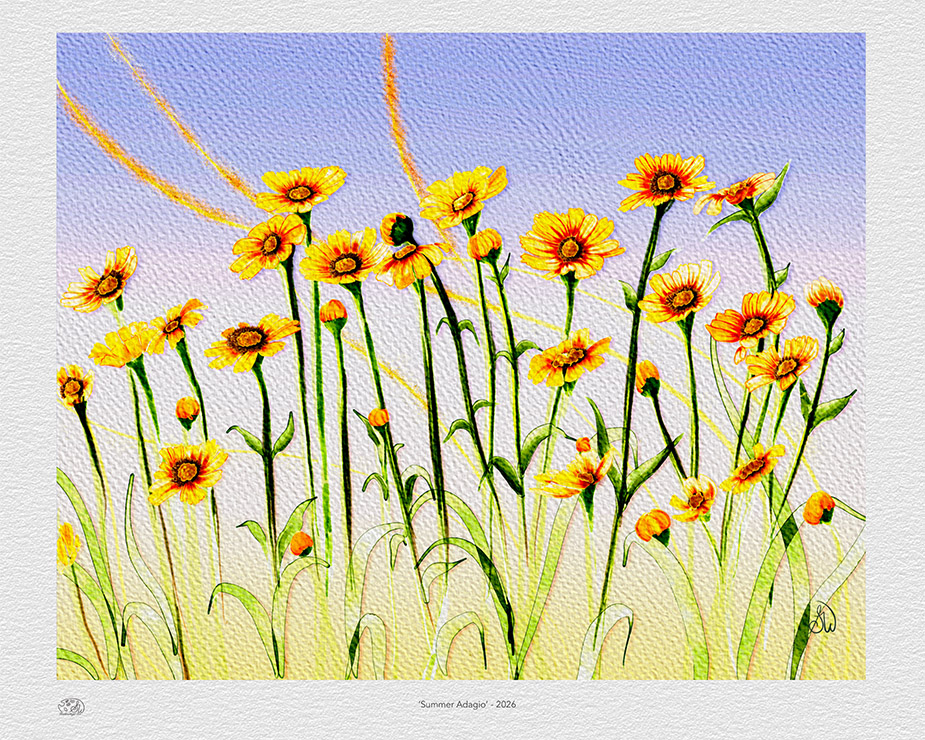 Yellow coreopsis wildflower painting with daisy-like blooms swaying above a summer garden, Procreate digital art in impressionist watercolor style, print example.