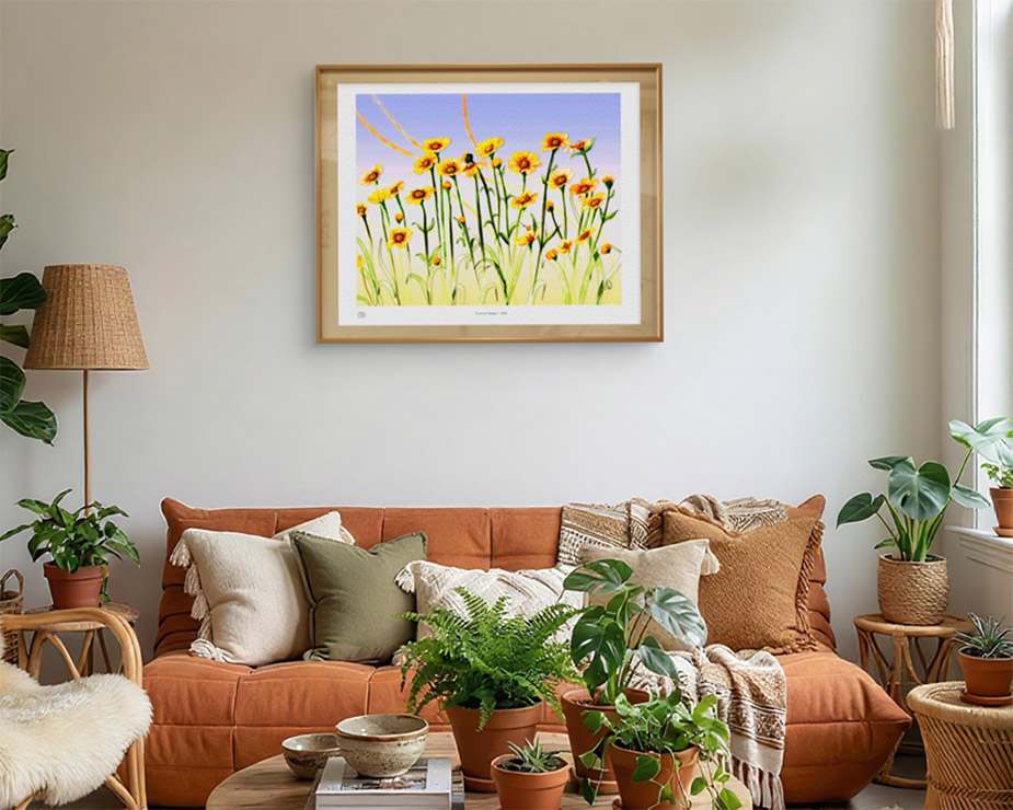 Yellow coreopsis wildflower painting with daisy-like blooms swaying above a summer garden, Procreate digital art in impressionist watercolor style, print example.
