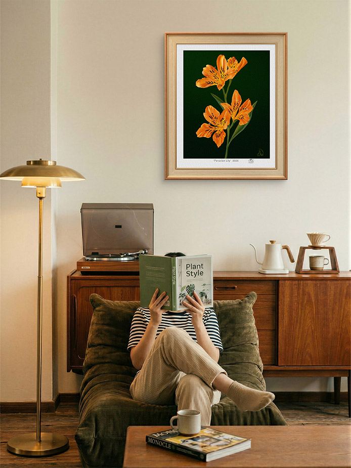 Peruvian Lily digital artwork displayed framed on a living room wall.