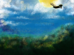 Hawk in flight painting — a raptor soars across a sunlit, cloud-filled sky above a forest, Flying Free original digital artwork by Shadowmyst Art.
