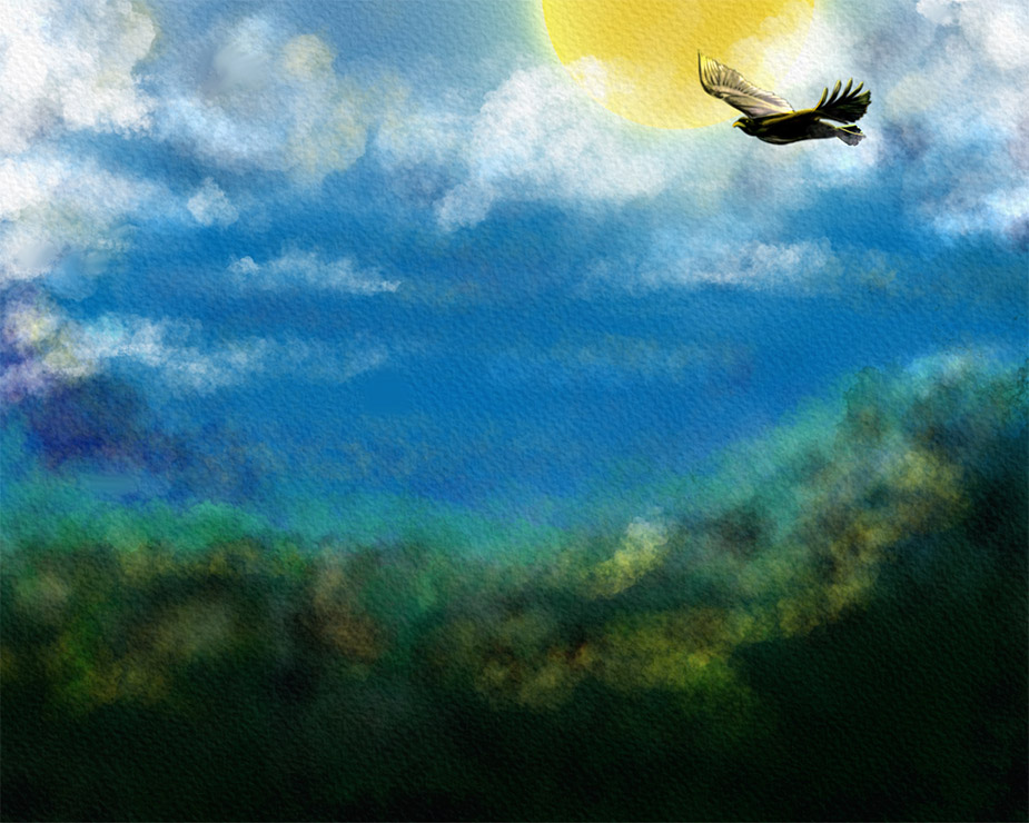 Hawk in flight painting — a raptor soars across a sunlit, cloud-filled sky above a forest, Flying Free original digital artwork by Shadowmyst Art.