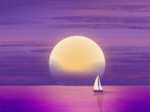 Purple sunset painting by Shadowmyst Art: a small sailboat crosses a calm violet sea as a golden sun sinks into the horizon, with lavender and plum sky bands and a magenta glow, in watercolor style.