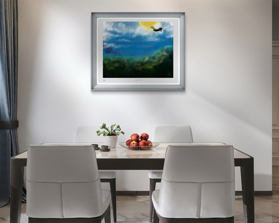 Flying Free hawk painting framed above a dining table.