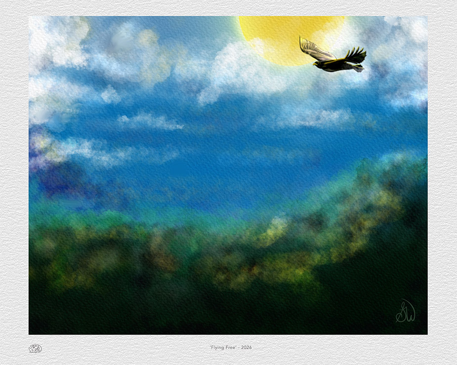 Flying Free hawk painting framed on a gray wall above a blue sofa.