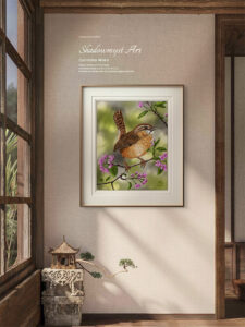Carolina wren painting — a brightly colored songbird perches on a blossoming pink dogwood branch in this original digital wildlife artwork by Shadowmyst Art displayed framed on a living room wall. 