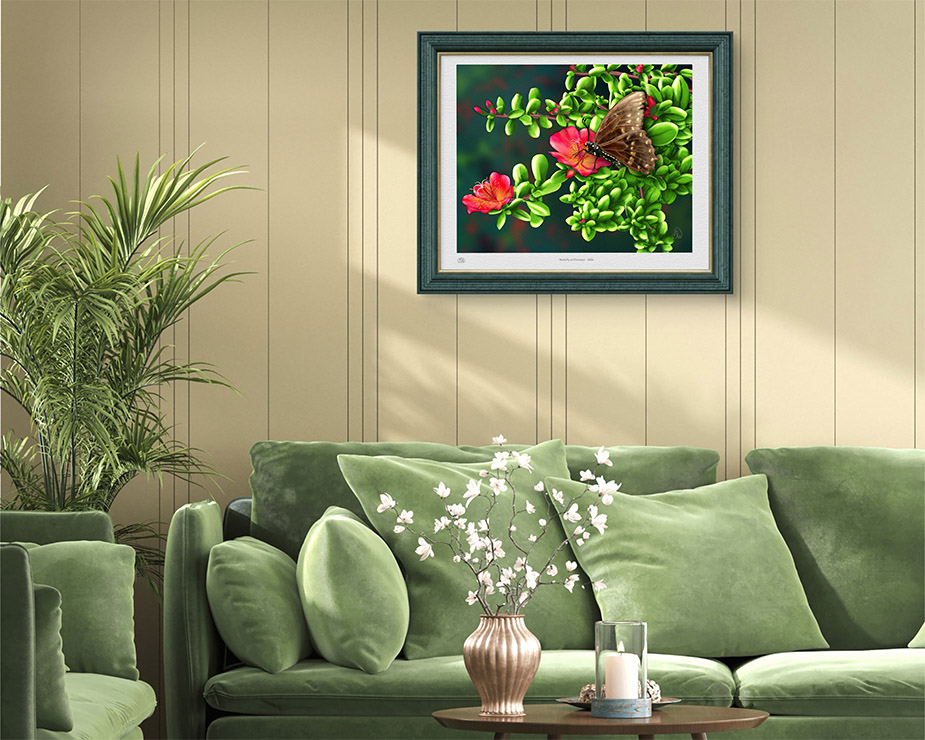Spicebush Swallowtail butterfly painting by Shadowmyst Art: a cream-and-black swallowtail with blue-spotted wings feeds at a Mojave Red portulaca bloom among glossy green succulent leaves against a dark backgroundisplqyed framed on a yellow panel wall above a green couch.