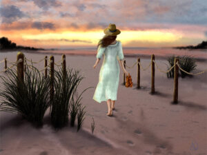 Beach sunset painting of a woman in a white dress walking a sandy shoreline path at dusk, by Shadowmyst Art.