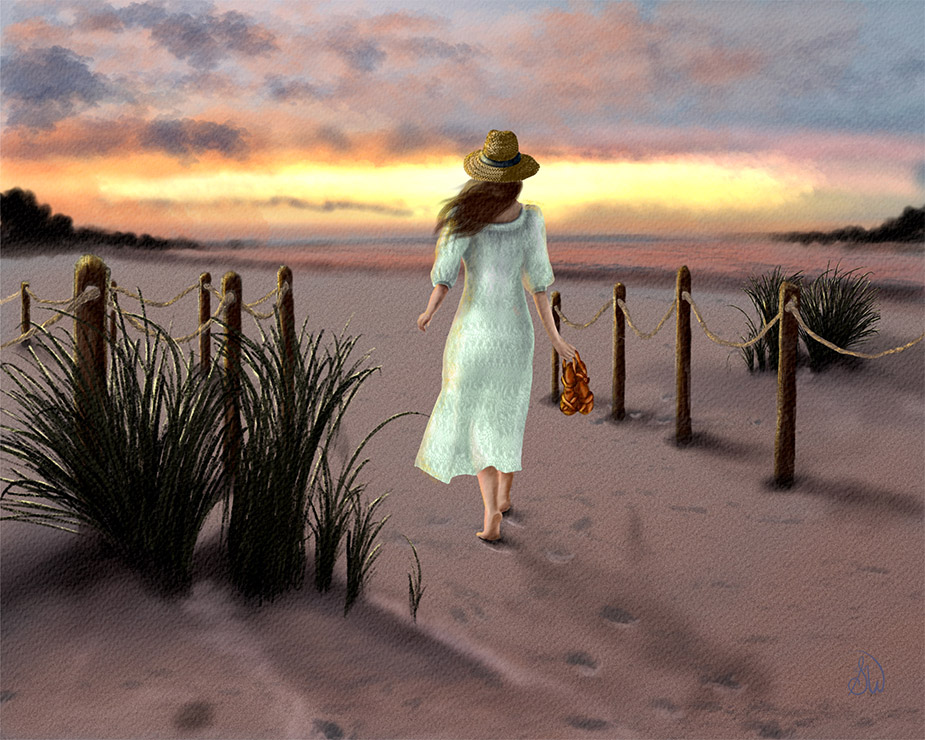 Beach sunset painting of a woman in a white dress walking a sandy shoreline path at dusk, by Shadowmyst Art.