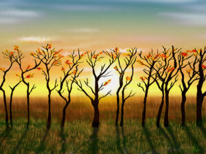 Autumn sunset painting by Shadowmyst Art: slender trees with a few orange leaves stand in dark silhouette against a glowing golden sun, casting long shadows across a field of rust and green grass beneath a blue-gray sky.
