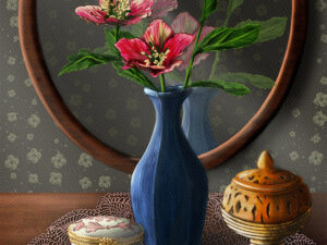 Lenten rose painting by Shadowmyst Art: pink hellebores in a matte blue vase before an oval mirror, with a pink-and-white porcelain trinket box, pierced incense burner, and pearl bracelet on a lace doily against dark floral wallpaper.