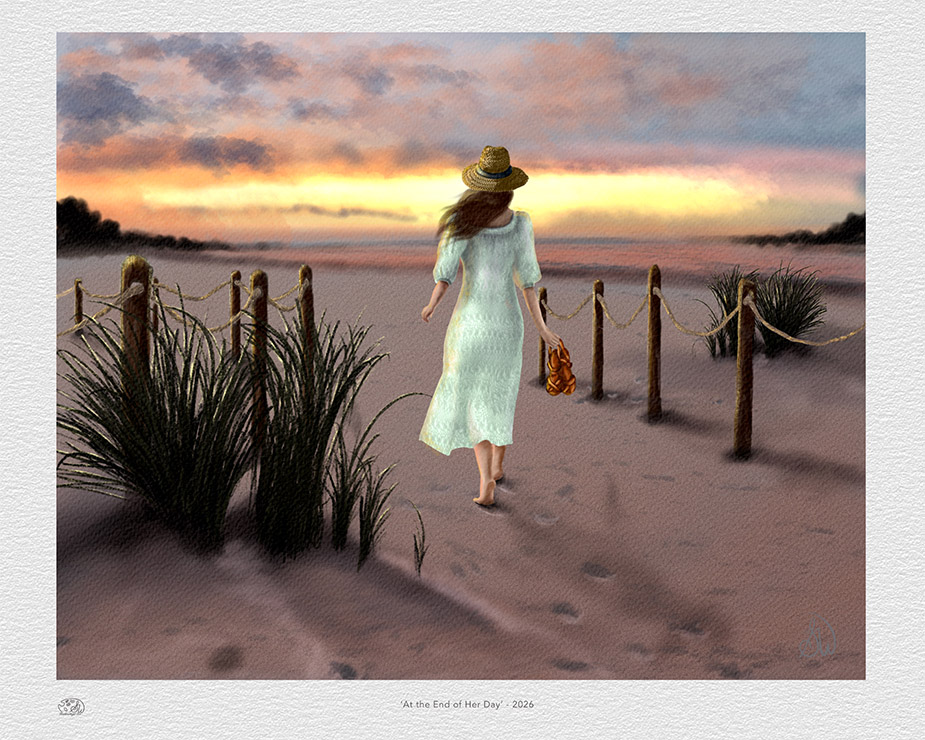 Beach sunset painting of a woman in a white dress walking a sandy shoreline path at dusk, by Shadowmyst Art print example.