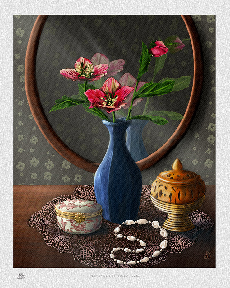 Lenten rose painting by Shadowmyst Art: pink hellebores in a matte blue vase before an oval mirror, with a pink-and-white porcelain trinket box, pierced incense burner, and pearl bracelet on a lace doily against dark floral wallpaper.
