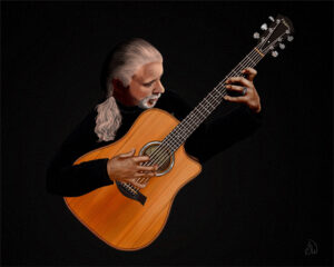 Mistweave in Concert. Commissioned portrait of Michael O'Shea in concert with his Taylor guitar. A man with silver hair and curly ponytail wearing a black shirt and jacket playing a classical Taylor guitar against a dark background. Painted by Shadowmyst Art.