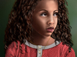 Custom child portrait by Shadowmyst Art: a young girl with long dark curls and brown eyes glances to the side, wearing a red polka-dot dress, gray collar, and gold necklace with an emerald pendant, against deep green.