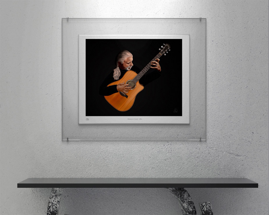 Mistweave in Concert. Commissioned portrait of Michael O'Shea in concert with his Taylor guitar. A man with silver hair and curly ponytail wearing a black shirt and jacket playing a classical Taylor guitar against a dark background. Painted by Shadowmyst Art displayed framed on a white wall above a modern style foyer table.